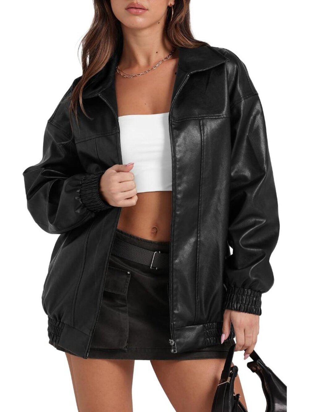 Women's Black Leather Jacket Oversized Motorcycle Bomber Coats Fashion Outfits